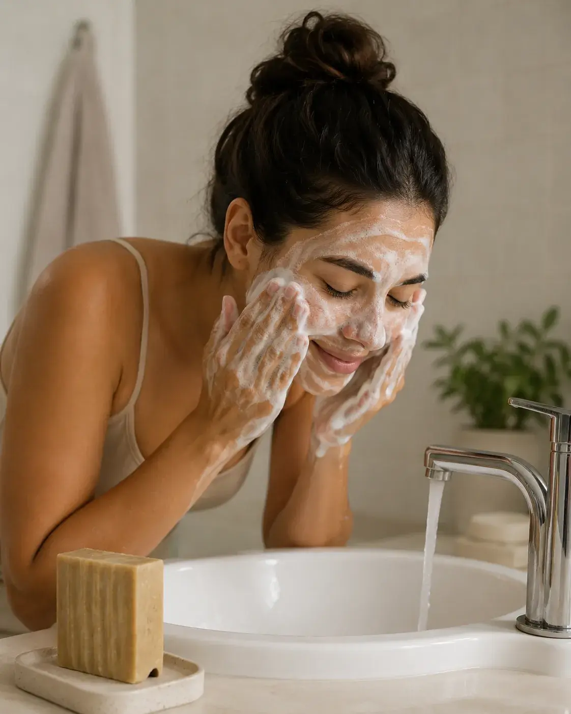 A woman leaning over a bathroom sink washing her lathered face with both hands, eyes closed, with a tan ridged soap bar sitting on a dish at the edge of the sink.