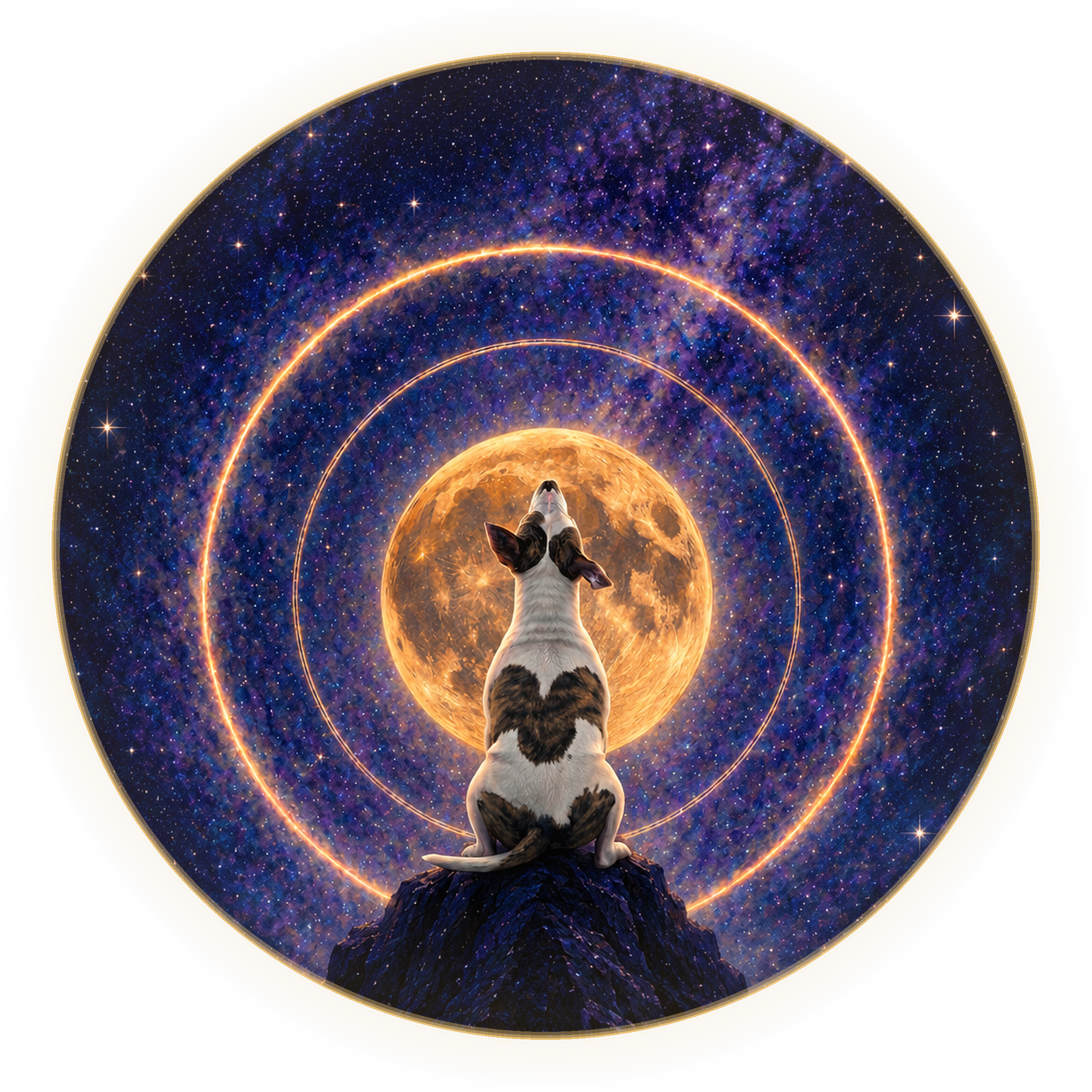 A dog with a heart-shaped marking on its back, seated on a hilltop, howling toward a full moon ringed by a glowing paraselene halo and a sky full of stars.