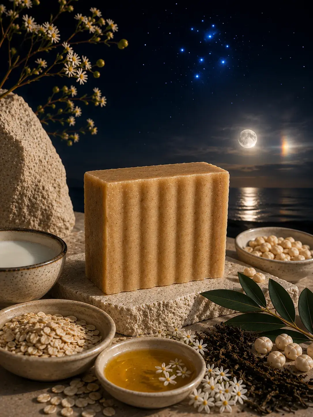 Call of the Pleiades facial bar, a ridged honey-tan cold process soap, standing on a stone slab beside bowls of goat milk, oats, and honey and a sprig of dried white flowers, with the Pleiades star cluster and a full moon over the ocean behind it.