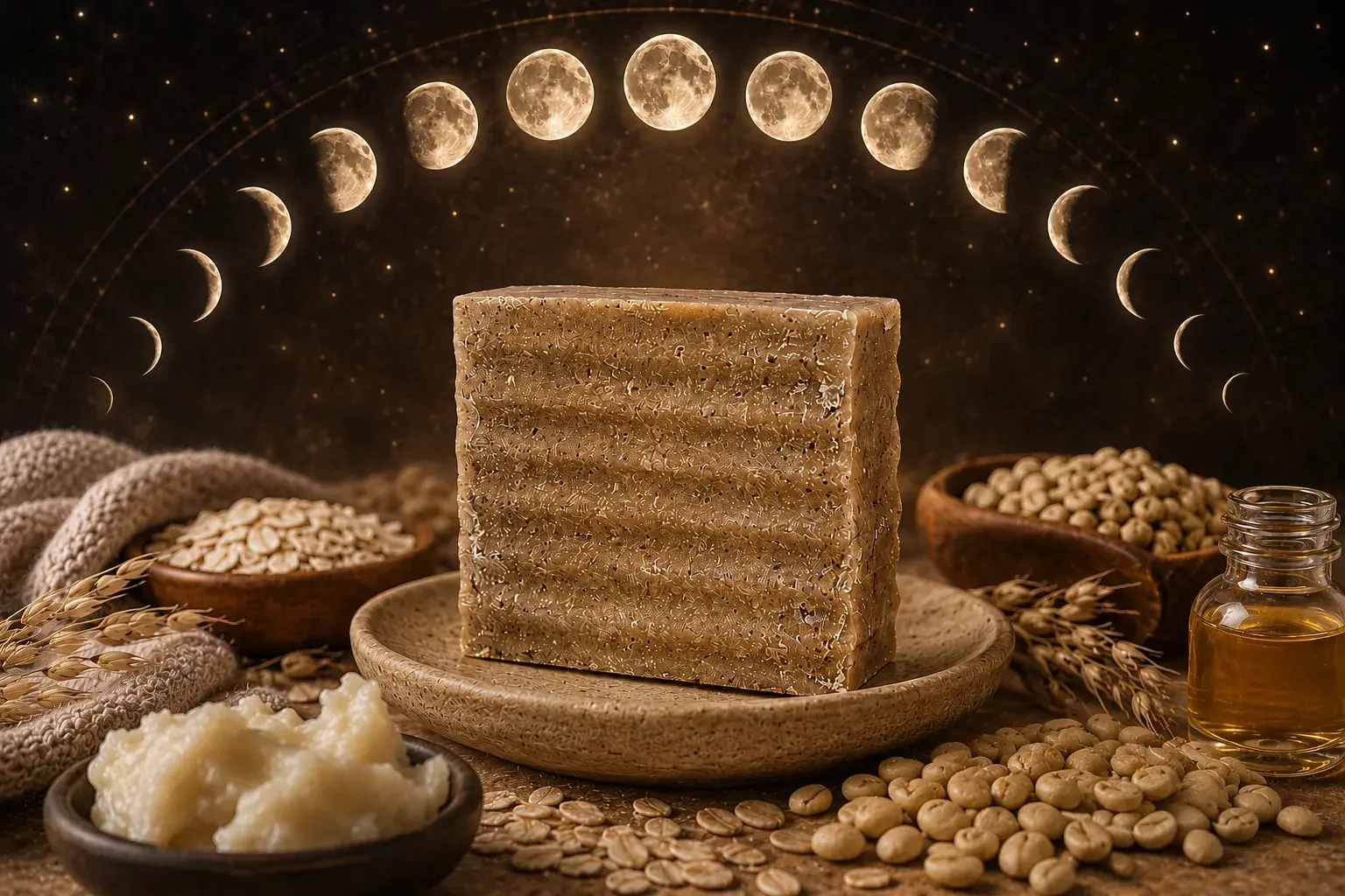 Lunar Cycle body bar, a flecked golden-tan cold process soap studded with visible coffee grounds, resting on a small plate with a bowl of shea butter, oats, coffee beans, and an arc of moon phases behind it.
