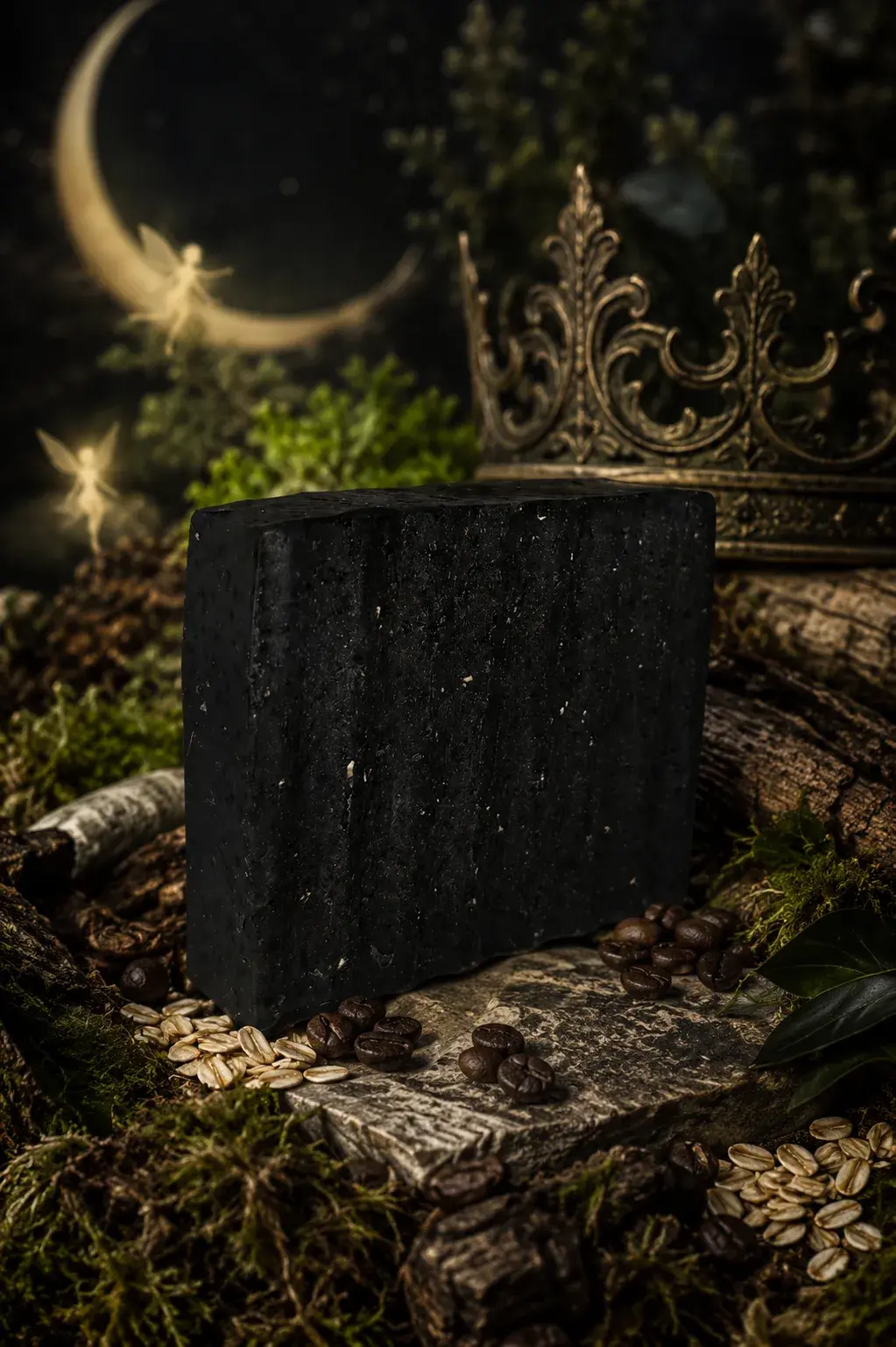 Oberon beard bar, a black charcoal cold process soap, standing on a mossy log in front of an ornate crown, with coffee beans scattered around it and a crescent moon and two small glowing fairy figures in the dark background.