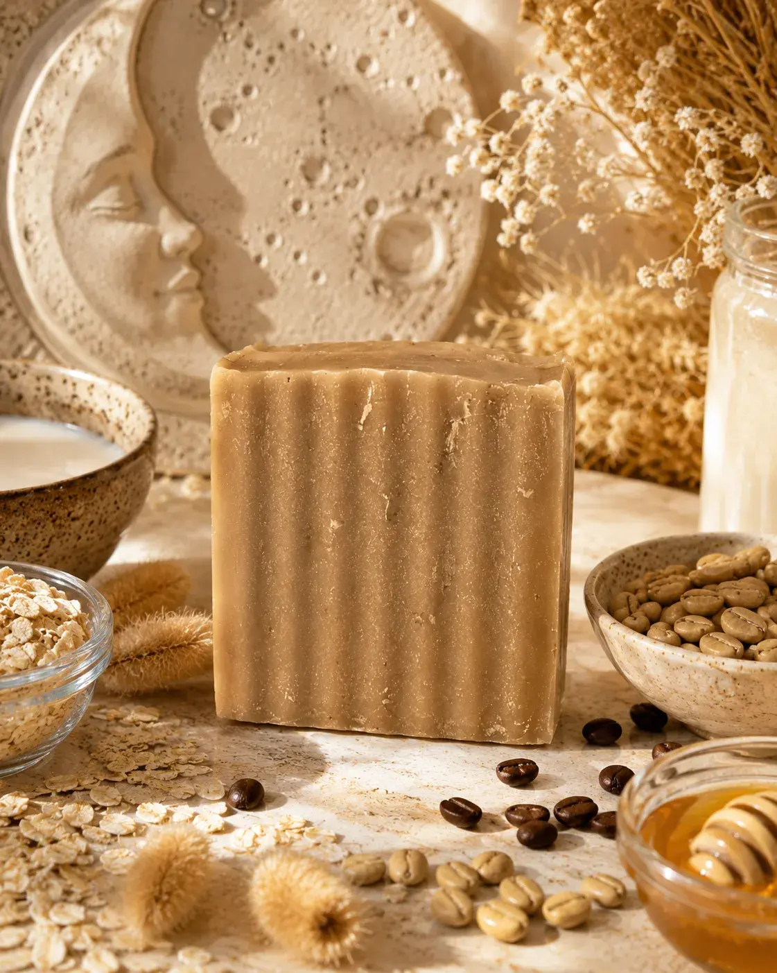 Selene's Dream hair and scalp bar, a ridged tan cold process soap, standing in front of a carved stone crescent-moon face relief, with dried botanicals, coffee beans, oats, and a honey dipper around it.