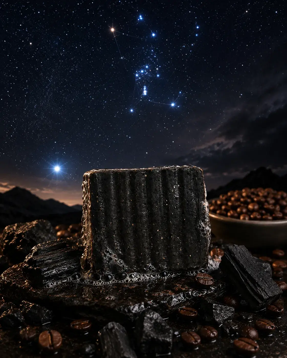 Sirius hand bar, a dark charcoal-black ridged cold process soap, lathered and wet on dark rock with scattered coffee beans, under a starry sky showing the Orion constellation and the bright star Sirius.